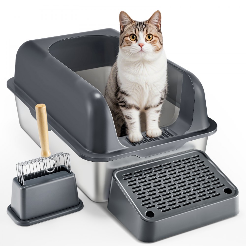 XL stainless steel enclosed cat litter box with footboard and scoop
