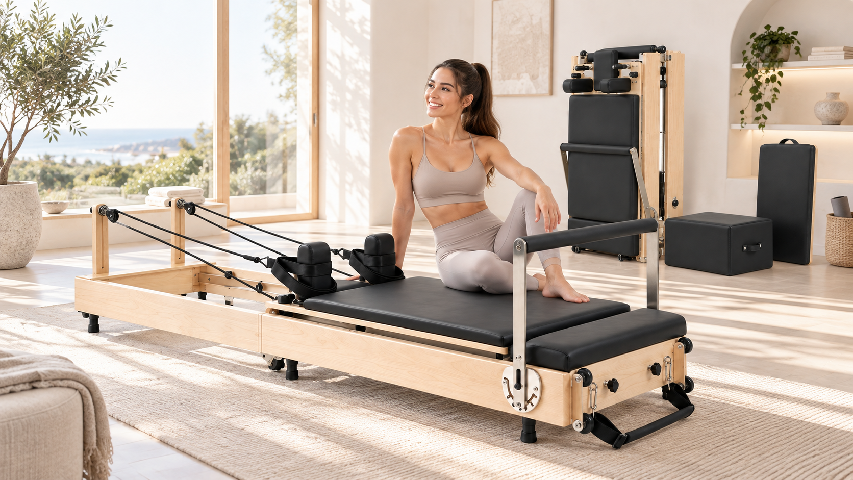 Solid Maple Foldable Pilates Reformer in use