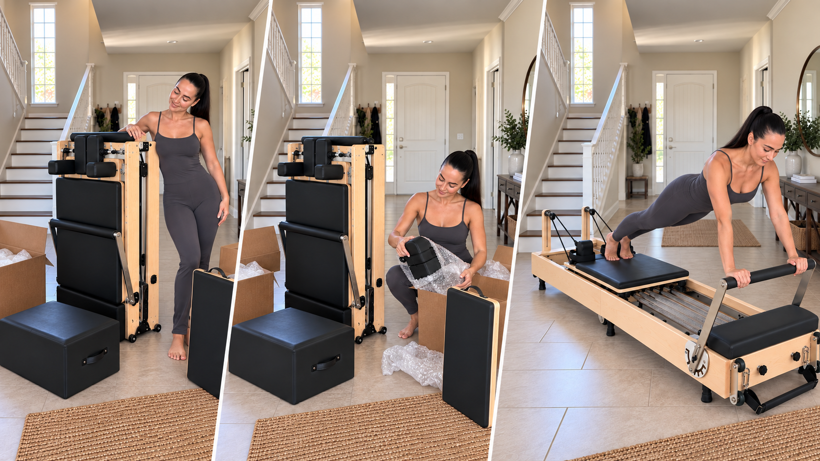 Customer unboxing, folding, and using the solid maple foldable Pilates reformer at home