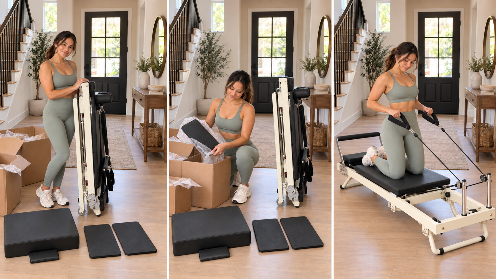 Customer unboxing, setting up, and using the full-length foldable Pilates reformer at home